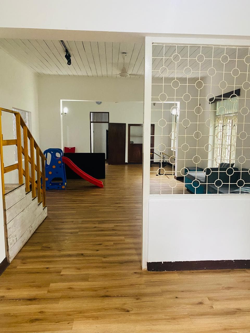 Landing with an indoor slide