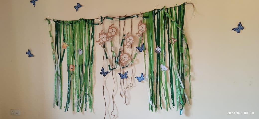 Paper streamer decorations on a wall